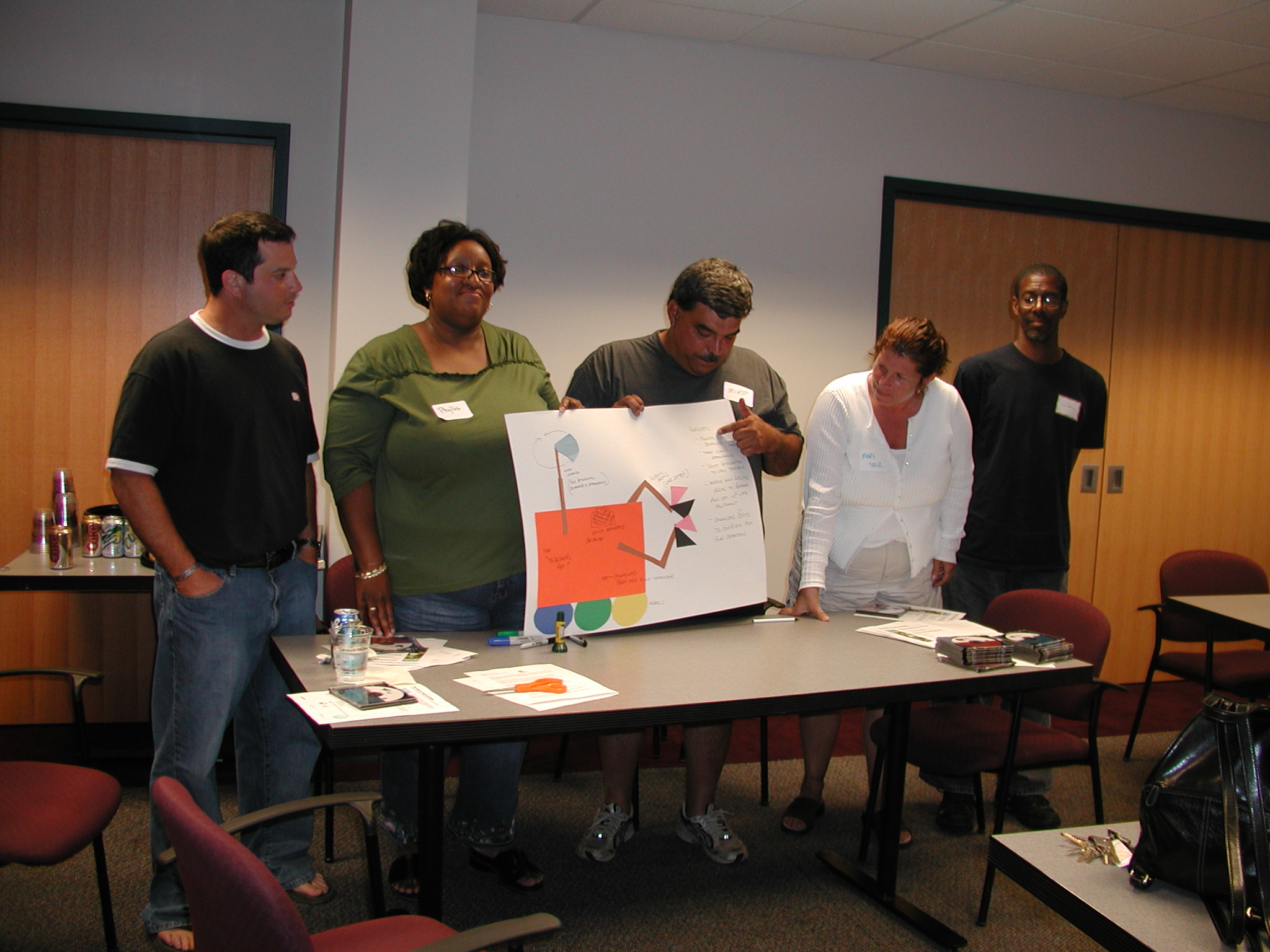 Five adults standing behind a table, pointing to a sketch they made of a robot