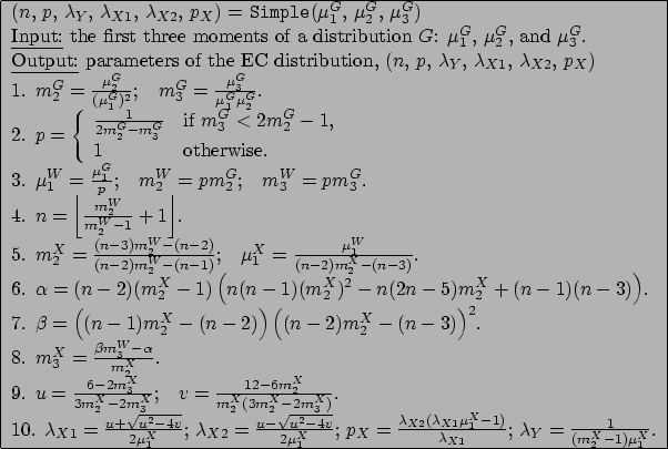 \begin{figure}\begin{center}
\begin{tabular}[hbt]{\vert l\vert}\hline
($n$, $p$,...
...\frac{1}{(m_2^{X}-1)\mu_1^{X}}$.\\ \hline
\end{tabular}
\end{center}\end{figure}