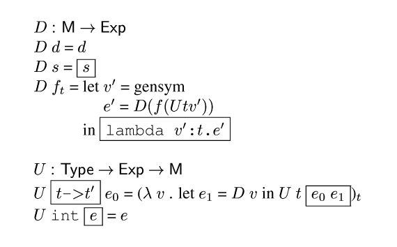 {ml {R} : {M} {evalsto} {Exp}
{R} {d} = {d}
{R} {s} = {frame-box {s}}
{R} {m f_t} = {tab-stop}let {tab-stop}{vp} = gensym
           {tab}{tab}{ep} = {R}{m (f (U t v'))}
      {tab}in {frame-box {c lambda {vp}:{m t}.{ep}}}

{L} : {Type} {evalsto} {Exp} {evalsto} {M}
{L} {frame-box {m t}{c ->}{m t'}} {e0} = ({lambda} {m v} . let {e1} = {R} {m v} in {L} {m t} {frame-box {e0} {e1}}){subt}
{L} {c int} {frame-box {e}} = {e}
}