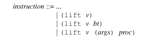 {ml {non instruction} {syn} {tab-stop}... 
          {tab}{or} {c (lift {non v})}
          {tab}{or} {c (lift {non v} {non bt})}
          {tab}{or} {c (lift {non v} ({non args}) {non proc})}
}