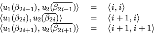 \begin{displaymath}
\begin{array}{lcl}
\langle u_1(\beta_{2i-1}),u_2(\overline{\...
...+1}})\rangle &\mbox{ $=$ }&\langle i+1,i+1\rangle
\end{array}\end{displaymath}