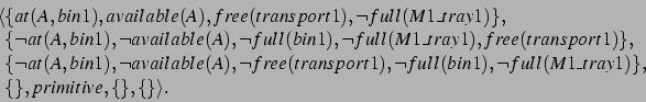 \begin{displaymath}
\begin{array}{@{}l@{}l}
\langle & \{at(A,bin1), available(A)...
...tray1) \},\\
& \{\}, primitive, \{\}, \{\}\rangle.
\end{array}\end{displaymath}