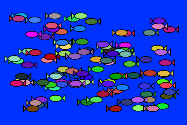Display of 104 fish swimming, some toward the left and some toward the right