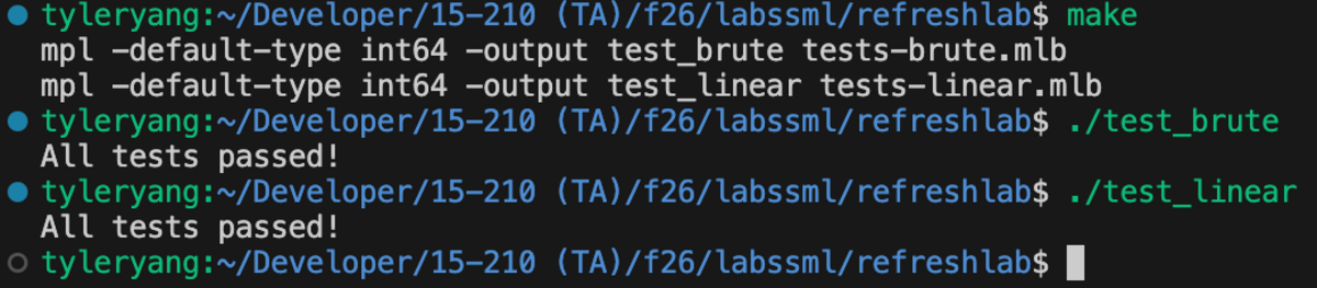 A terminal showing make building test_brute and test_linear with mpl, then both test programs printing All tests passed!