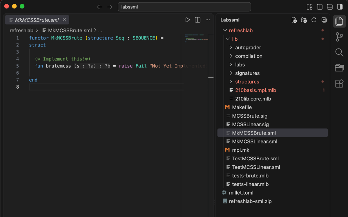 VS Code showing a 15-210 labs workspace: the refreshlab directory with its library, signature and .mlb files in the sidebar, millet.toml at the workspace root, and MkMCSSBrute.sml open with SML syntax highlighting.