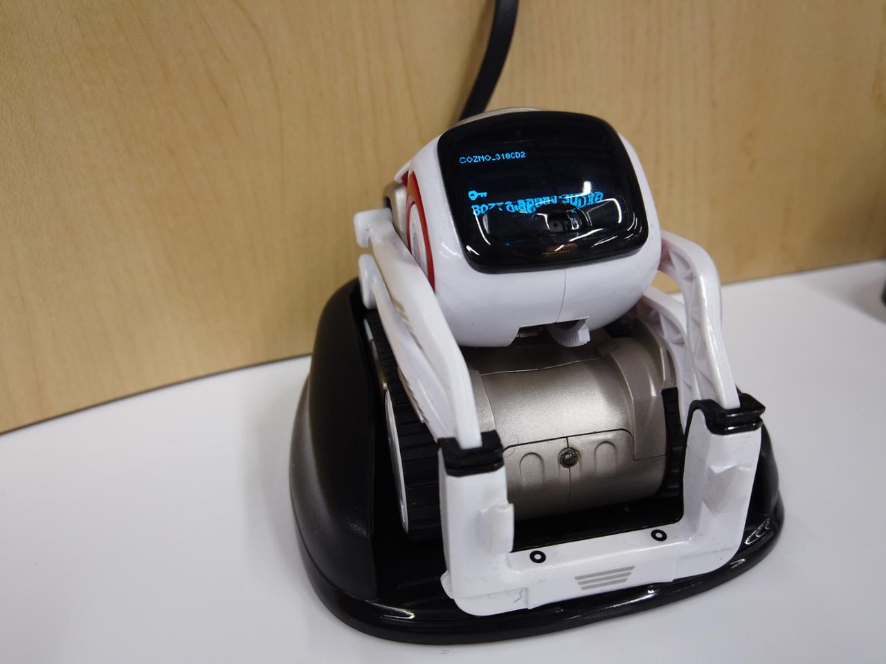 A small plastic tracked robot with a tilting display and camera.