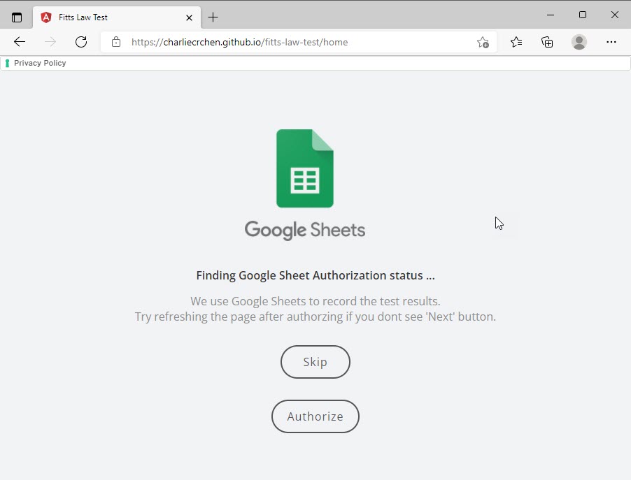 Google Sheets Authorization Page
