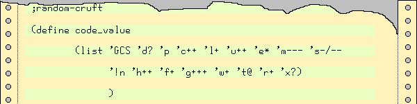 [GCS d? p c++ l+ u++ e* m--- s-/-- !n
h++ f+ g+++ w+ t@ r+ x?]