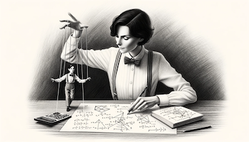 A smart, focused young woman pulling the strings of a puppet dressed in suspenders with her left hand, while she is scribbling mathematical formula and geometric shapes on a piece of paper with her right hand