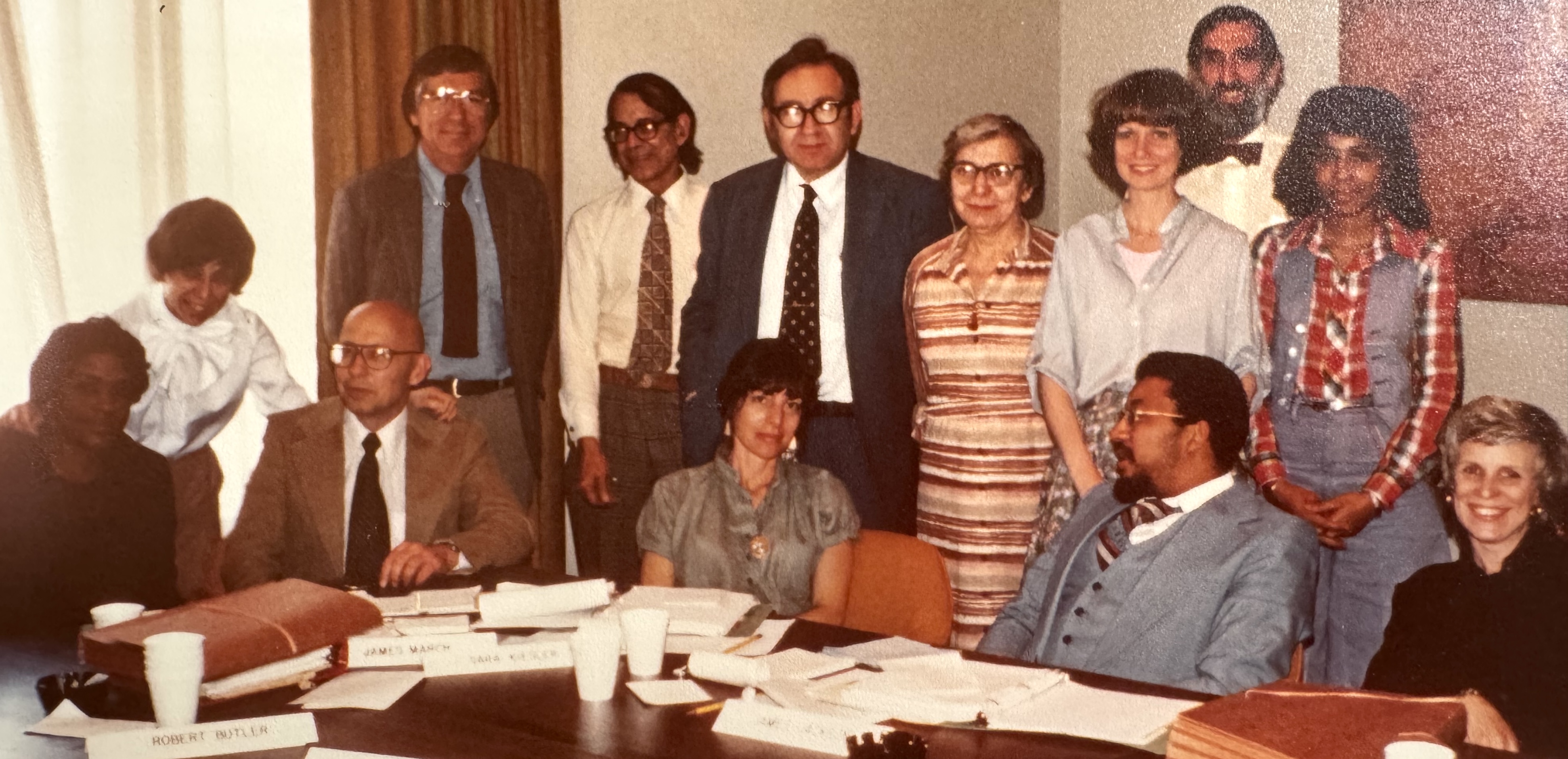 National Academy of Sciences Committee on Aging: top row, L-R: Betty Pickett (NIA), James McGaugh, Powell Lawton, Bob Fogel, Ethel Shanas, Elaine Hatfield, James Morgan, Benita Anderson. bottom row, L_R: Jacqueline Jackson, Jim March, Sara Kiesler, James Jackson, Valerie Oppenheimer