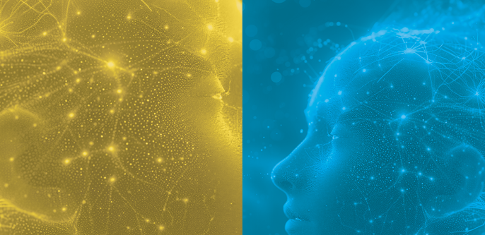  Collaged images of stylized neural networks and a face in yellow and blue.