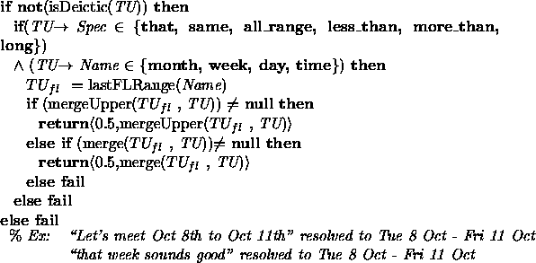 \begin{figure}{\bf if not}(isDeictic({\em TU})) {\bf then} \\
{\hspace*{0.125in...
... sounds good'' resolved to Tue 8 Oct - Fri 11 Oct} \\
\end{tabular}\end{figure}