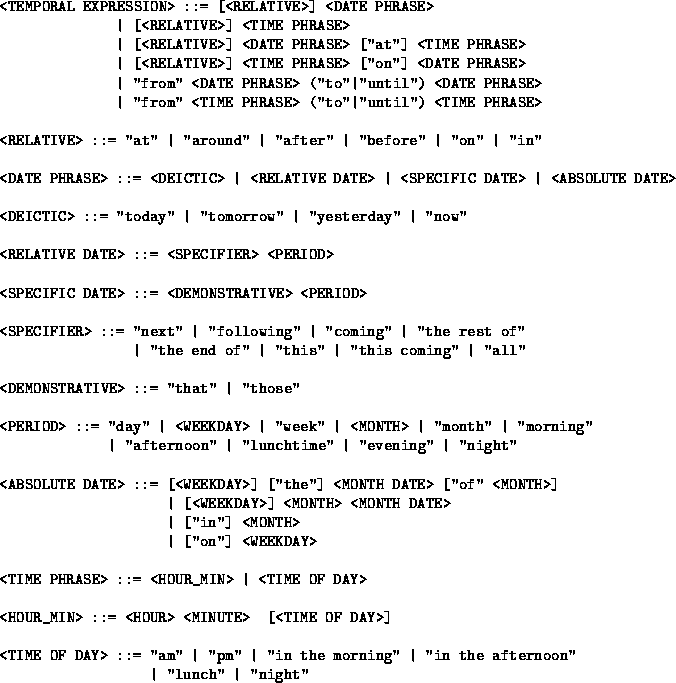\begin{figure}
{\small
\begin{tex2html_preform}\begin{verbatim}<TEMPORAL EXPRESS...
... ''lunch'' \vert ''night''\end{verbatim}\end{tex2html_preform}}
\par\end{figure}