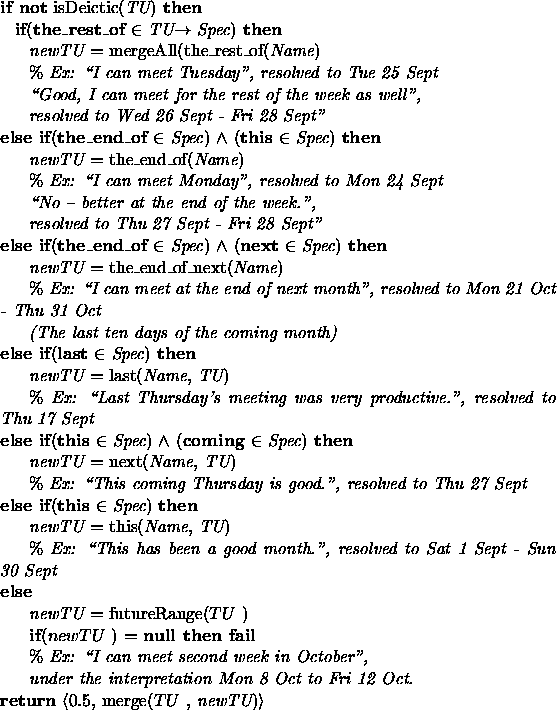 \begin{figure}{\bf if not} isDeictic({\em TU}) {\bf then} \\
{\hspace*{0.125in}...
... return} $\langle$0.5, merge($TU$ , {\em newTU})$\rangle$\space \\
\end{figure}