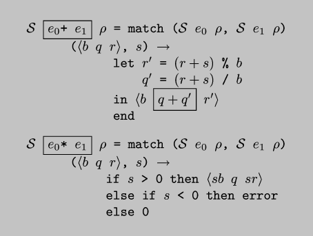 \\begin{code*}$\\cal{}S$ \\fbox{$e_0$+ $e_1$} $\\rho$ = match ($\\cal{}S$ $e_0$ $\\rho$, $\\cal{}S$ $e_1$ $\\rho$)
      ($\\langle$$b$ $q$ $r$$\\rangle$, $s$) $\\rightarrow$
            let $r'$ = $(r+s)$ \\% $b$
                $q'$ = $(r+s)$ / $b$
            in $\\langle$$b$ \\fbox{$q+q'$} $r'$$\\rangle$
            end
\\codeskip
$\\cal{}S$ \\fbox{$e_0$* $e_1$} $\\rho$ = match ($\\cal{}S$ $e_0$ $\\rho$, $\\cal{}S$ $e_1$ $\\rho$)
      ($\\langle$$b$ $q$ $r$$\\rangle$, $s$) $\\rightarrow$
           if $s$ > 0 then $\\langle$$s$$b$ $q$ $s$$r$$\\rangle$
           else if $s$ < 0 then error
           else 0
\\end{code*}