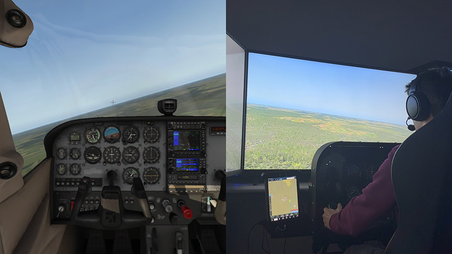 On the left, an AI uses a flight simulator that shows a blue sky and flat grasslands in addition to an instrument panel. The same is seen on the right, but with a human at the controls.