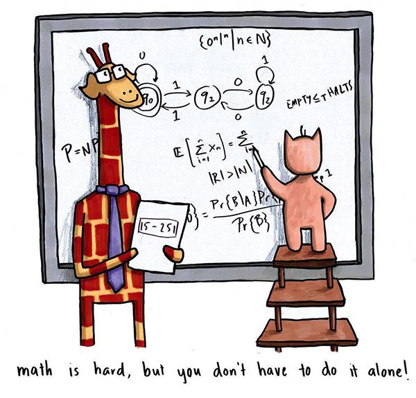An illustrated giraffe and a pig stand in front of a white board covered in equations. Words below the image say "Math is hard but you don't have to do it alone."