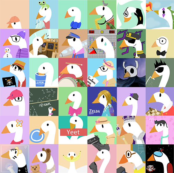 A collage of many illustrations of a goose wearing different headgear and expressions.