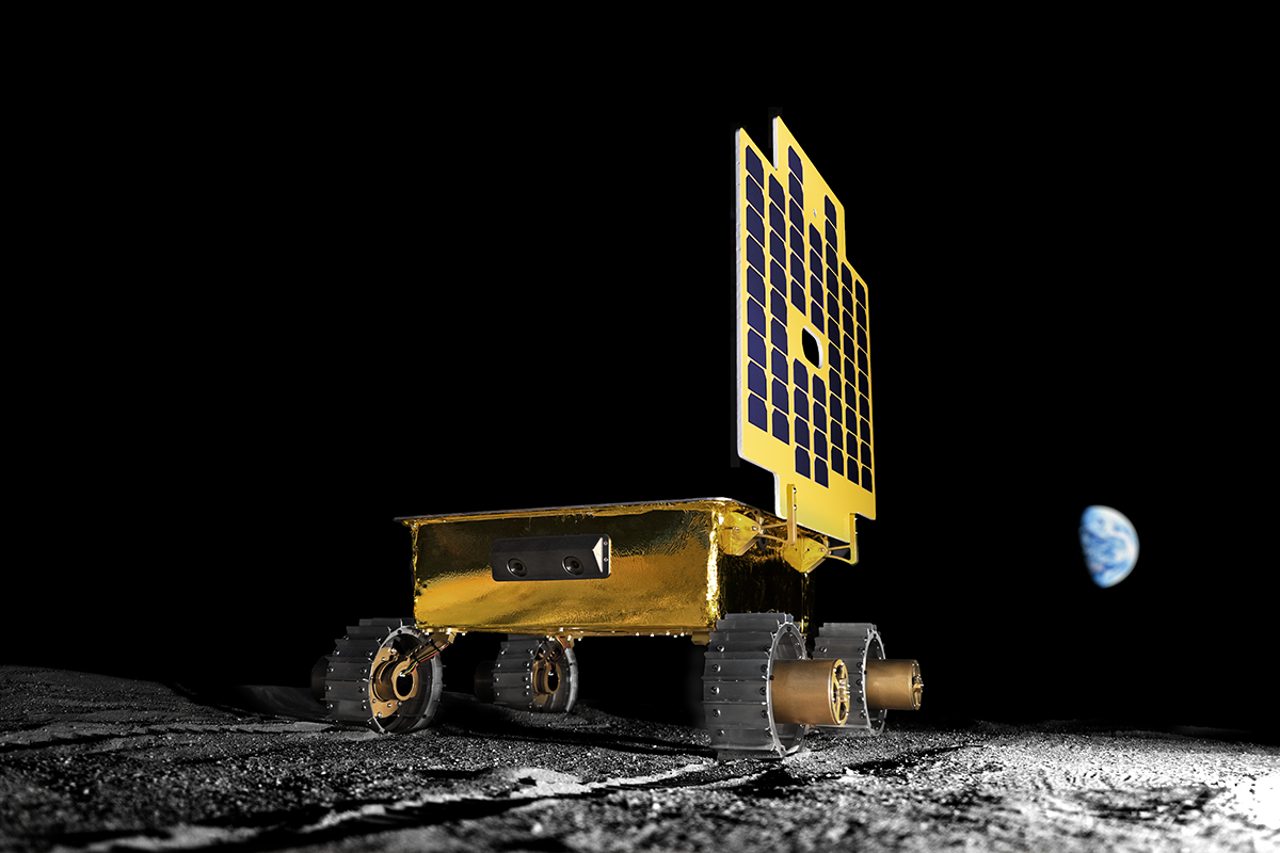 An artist's rendition of the MoonRanger at the lunar south pole