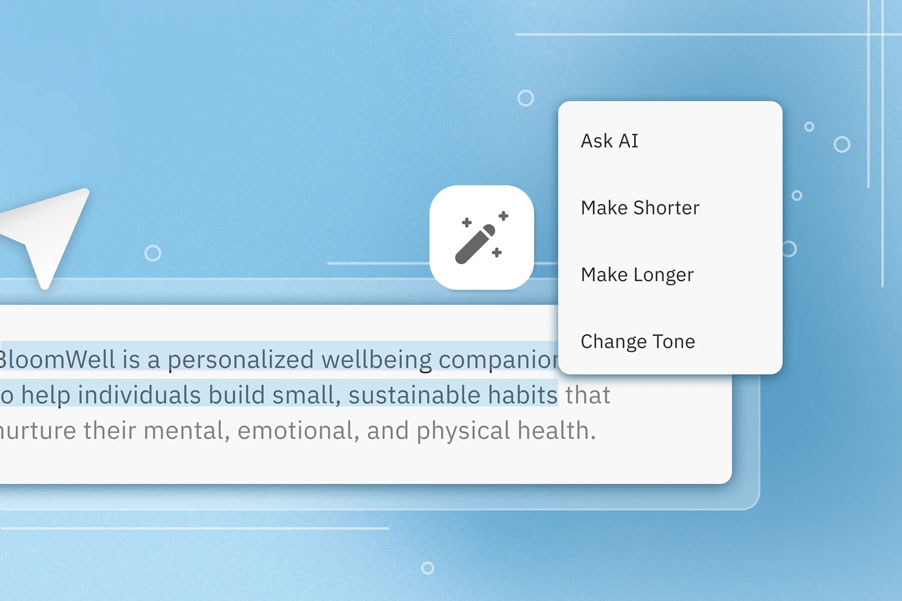 An AI chatbot prompt box with a popup menu offering improvements, like make shorter, make longer and change tone.
