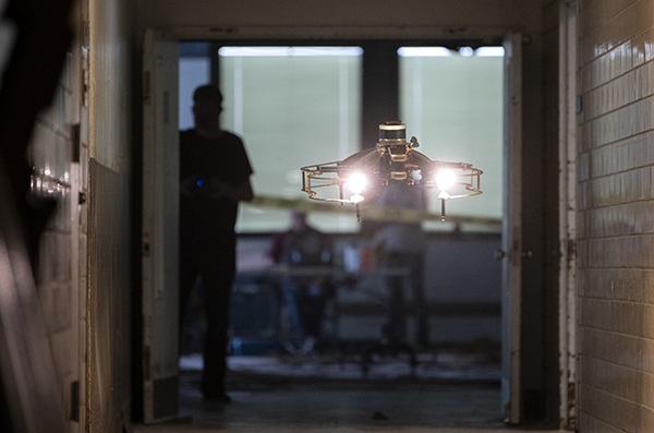 A drone flight through a hallway