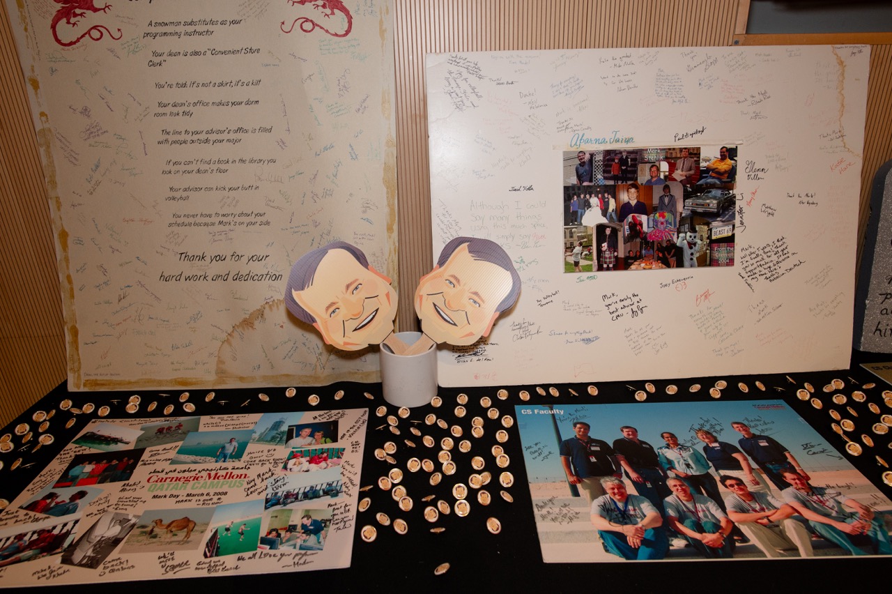 Memories, pins and Mark's cartoon face at the Stehlik Leaves His Mark Celebration on April 5, 2025.