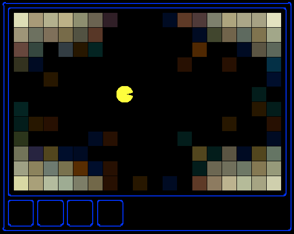 Pacman in the middle of a maze with two dispersing ghosts; the belief clouds for the ghosts spread toward the left and right sides of the board.