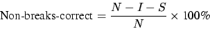 \begin{displaymath}
\mbox{Non-breaks-correct} = \frac{N -I - S}{N} \times \mbox{100\%}
\end{displaymath}