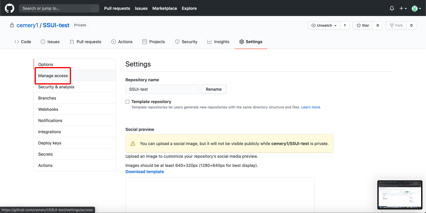 github step 4: got to manage access