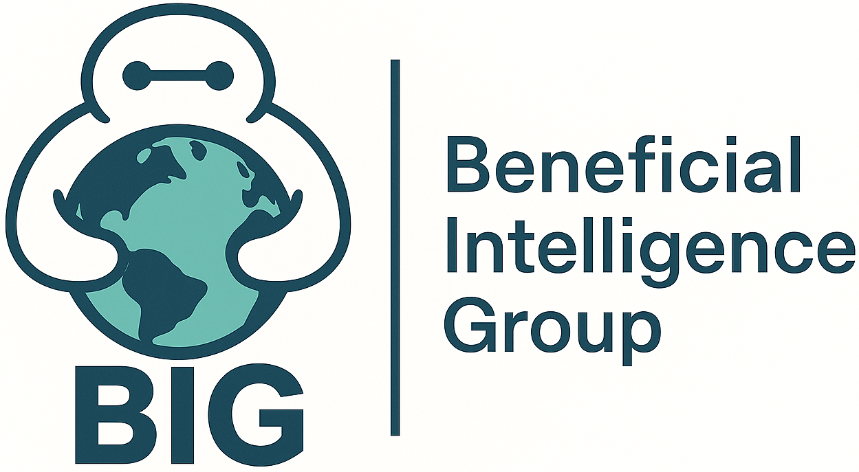 logo of Beneficial Intelligence Group, showing a simple, soft, and rounded robot hugging planet earth, with the word 'BIG' below it.