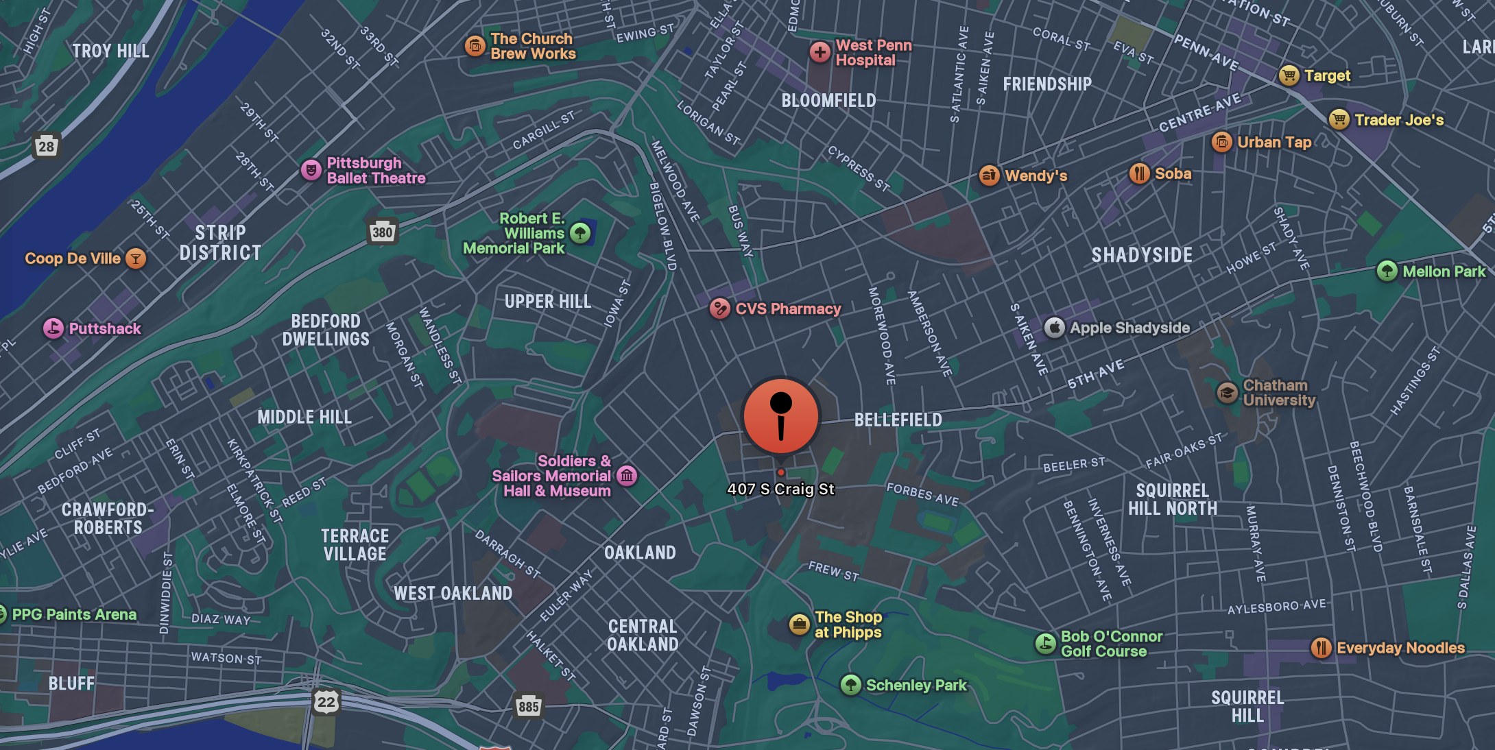 Map showing the BIG Lab location at 407 S Craig St, Pittsburgh, PA