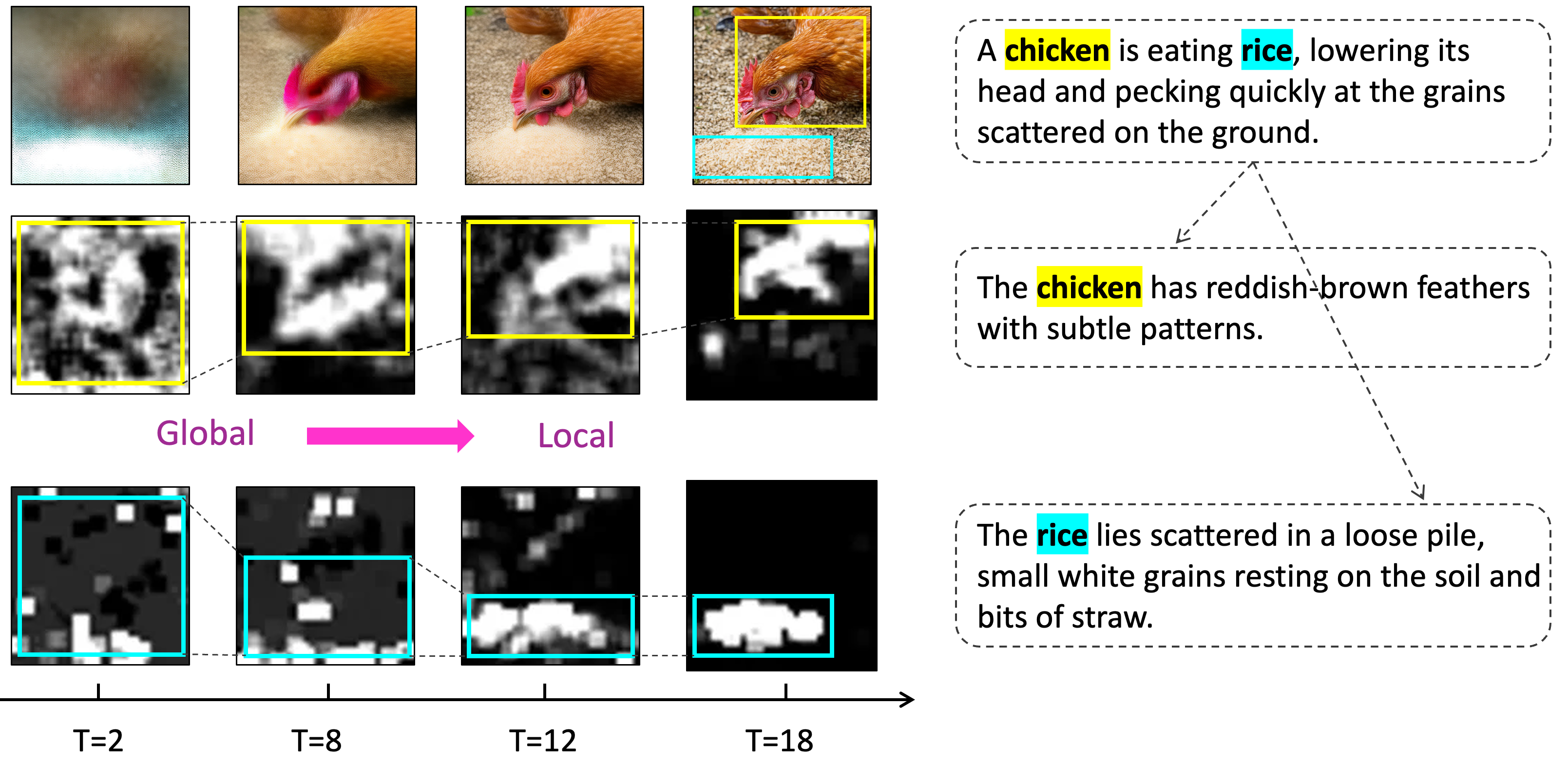 A visualization from the paper showing that local attention maps become more focused over denoising steps, moving from global structure toward localized concepts such as the chicken and the rice.