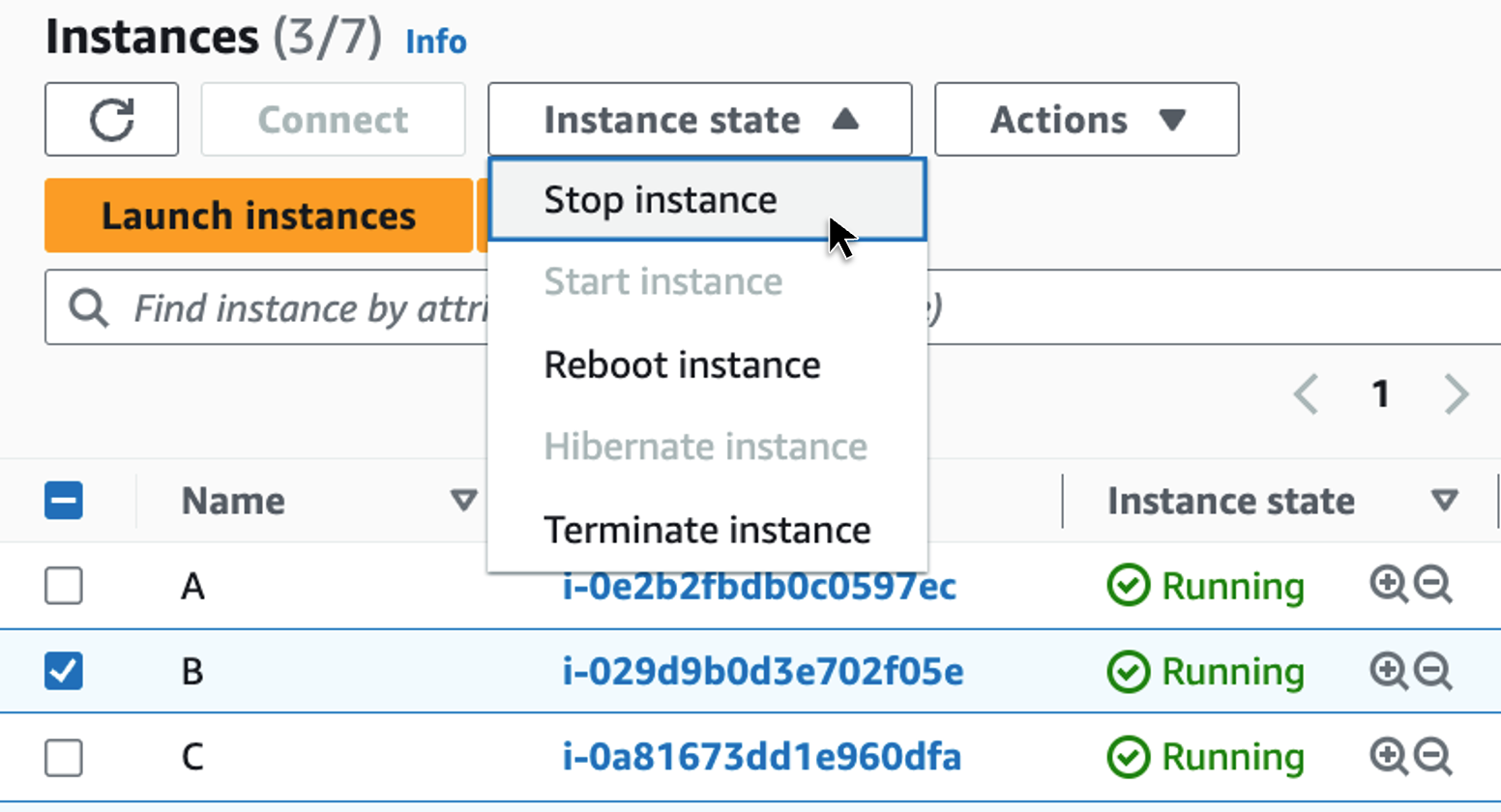 EC2 interface to stop selected EC2 instances