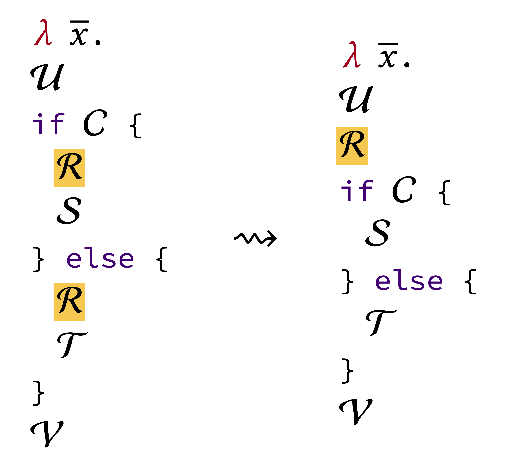 Figure showing a rewrite rule: a pattern with abstract constructs on the left, and the resulting pattern on the right.