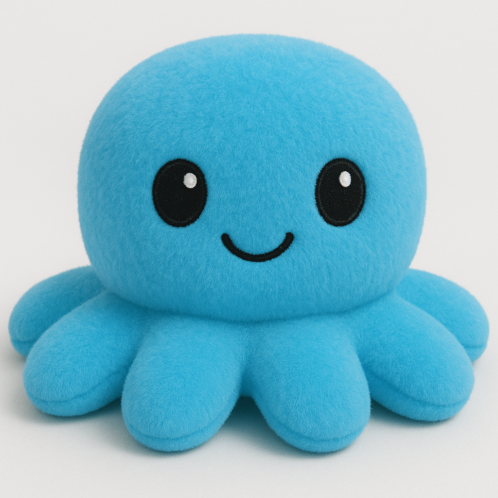 A smiling blue octopus plush toy with black button eyes and eight stubby tentacles, serving as the blog post mascot