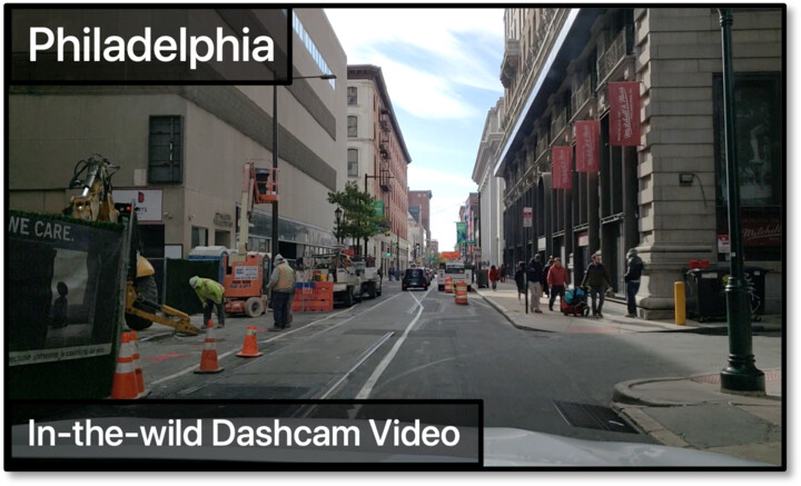 In-the-wild dashcam video in Philadelphia.