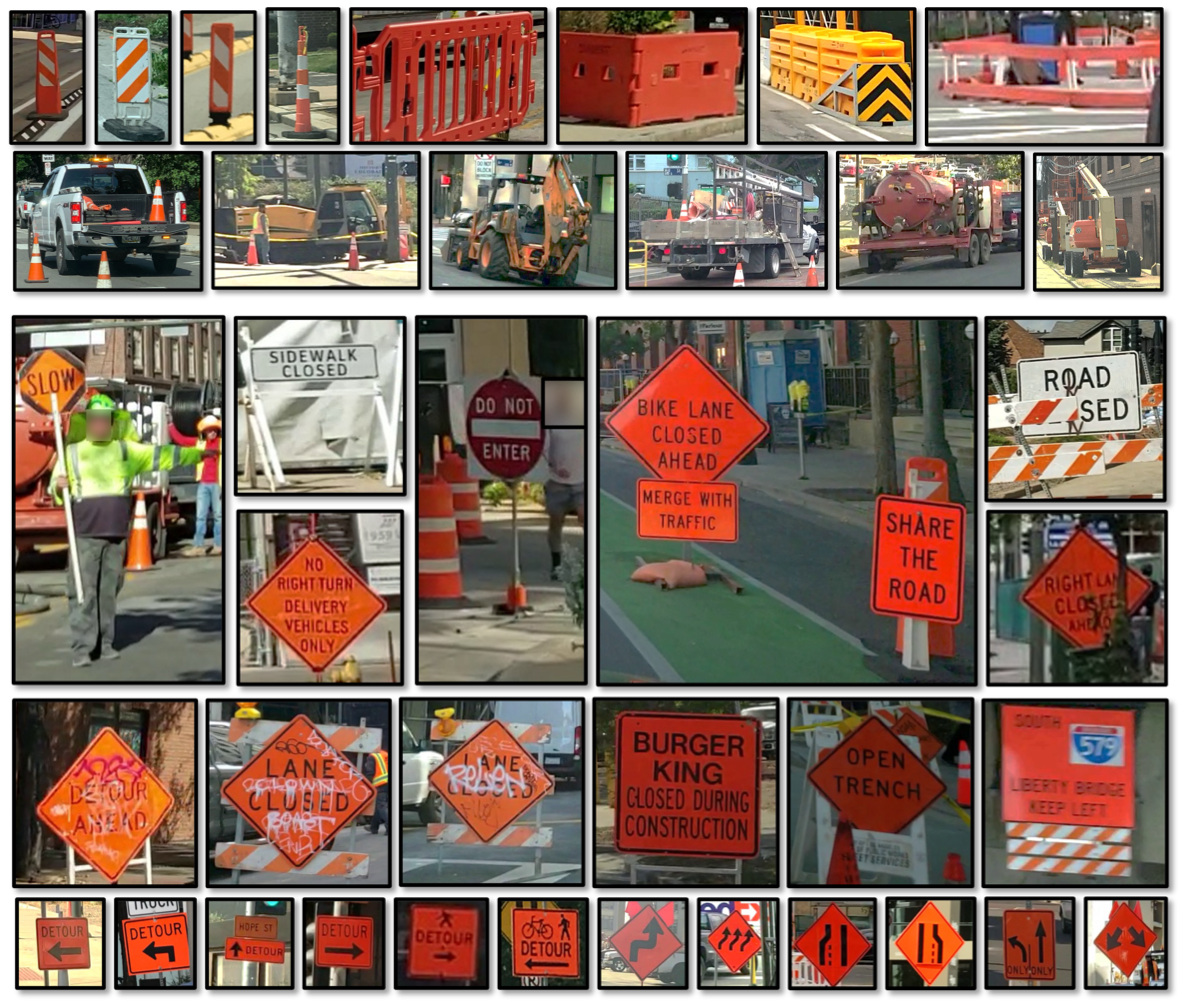 Rare work-zone objects and entities: cones, barrels, arrow boards, construction vehicles, and a wide vocabulary of temporary signage.