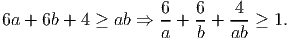                     6   6    4
6a + 6b + 4 ≥ ab ⇒  --+ --+  ---≥ 1.
                    a    b   ab
