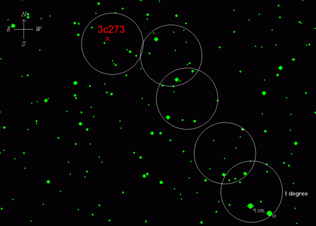 3C273 finder chart for Star-hopping from Eta Viginis, circles are 1 degree, down to magnitude 11. (skymap)